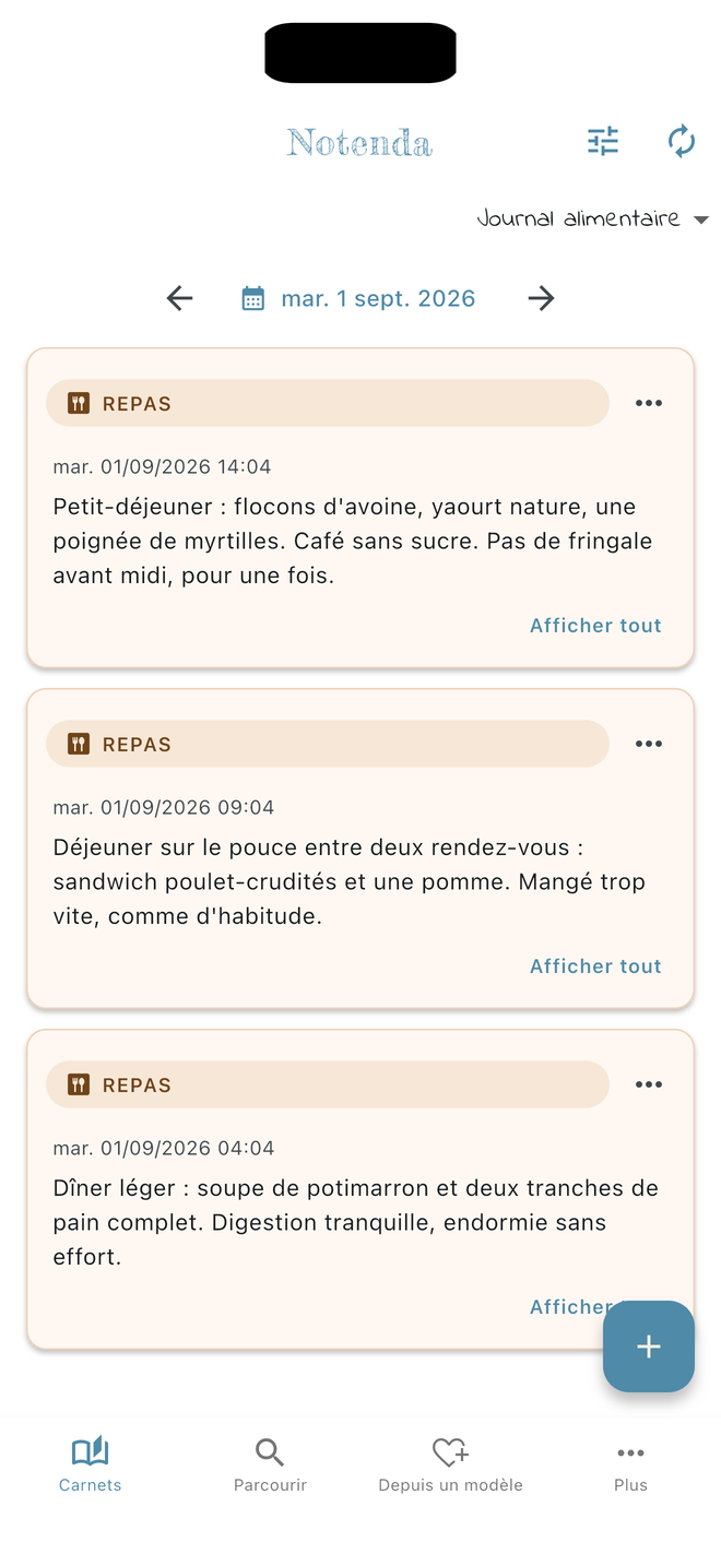 L’écran d’accueil de Notenda sur iPhone : le carnet « Journal alimentaire » ouvert sur la journée du 1er septembre 2026, trois entrées de la catégorie Repas, et les flèches pour passer d’un jour à l’autre.