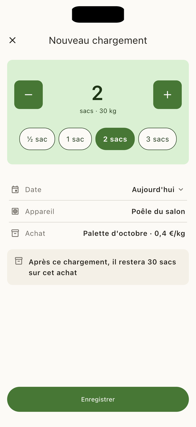 Écran de nouveau chargement : la quantité réglée à 2 sacs, soit 30 kg, les choix rapides ½, 1, 2 et 3 sacs, la date du jour, l’appareil et le lot présélectionnés, et la mention qu’il restera 30 sacs sur cet achat.